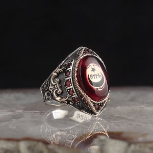 Kehribar Taşlı Ayyıldızlı 925 Ayar Gümüş Erkek Yüzük