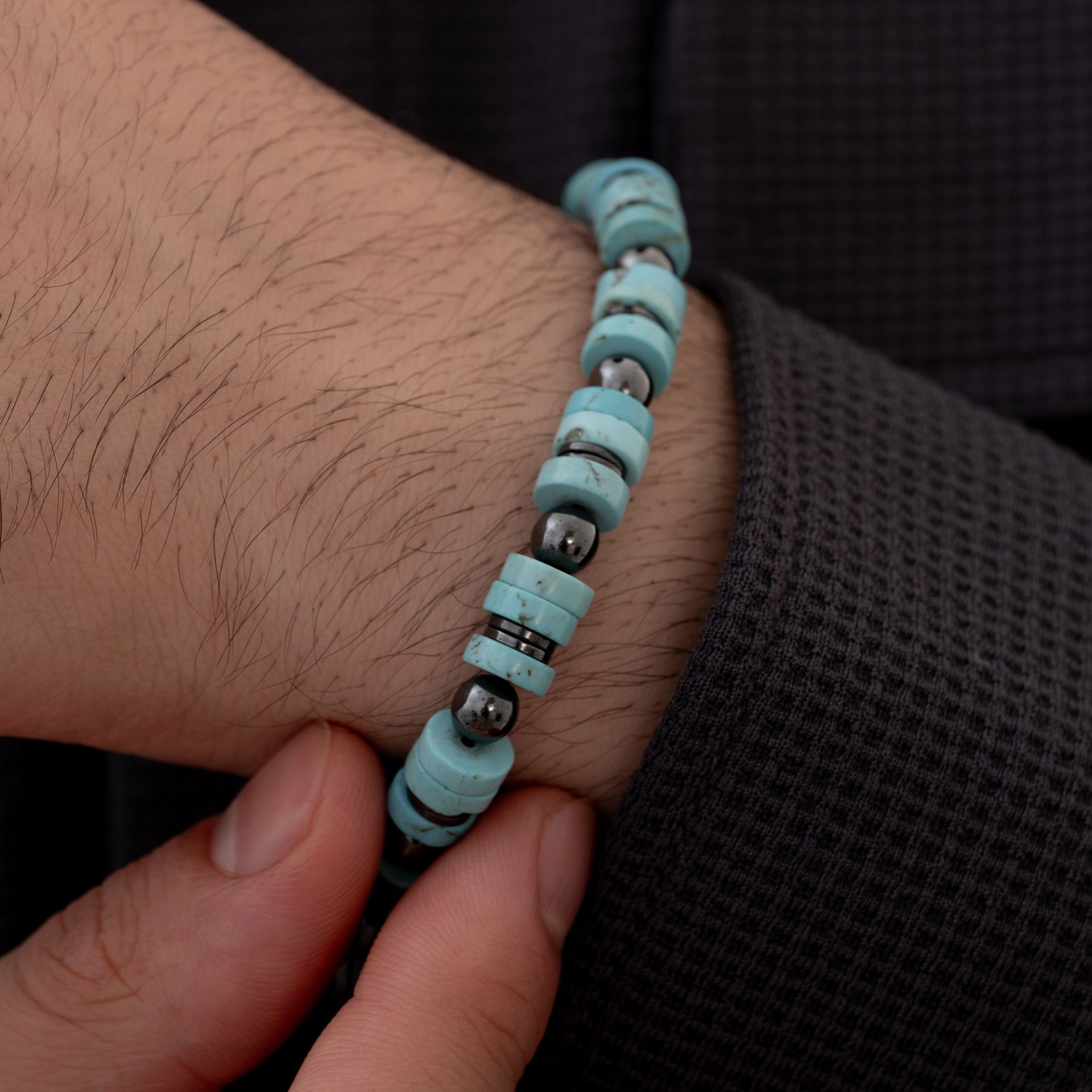 Firuze Ve Hematit Taşlı Erkek Gümüş Bileklik