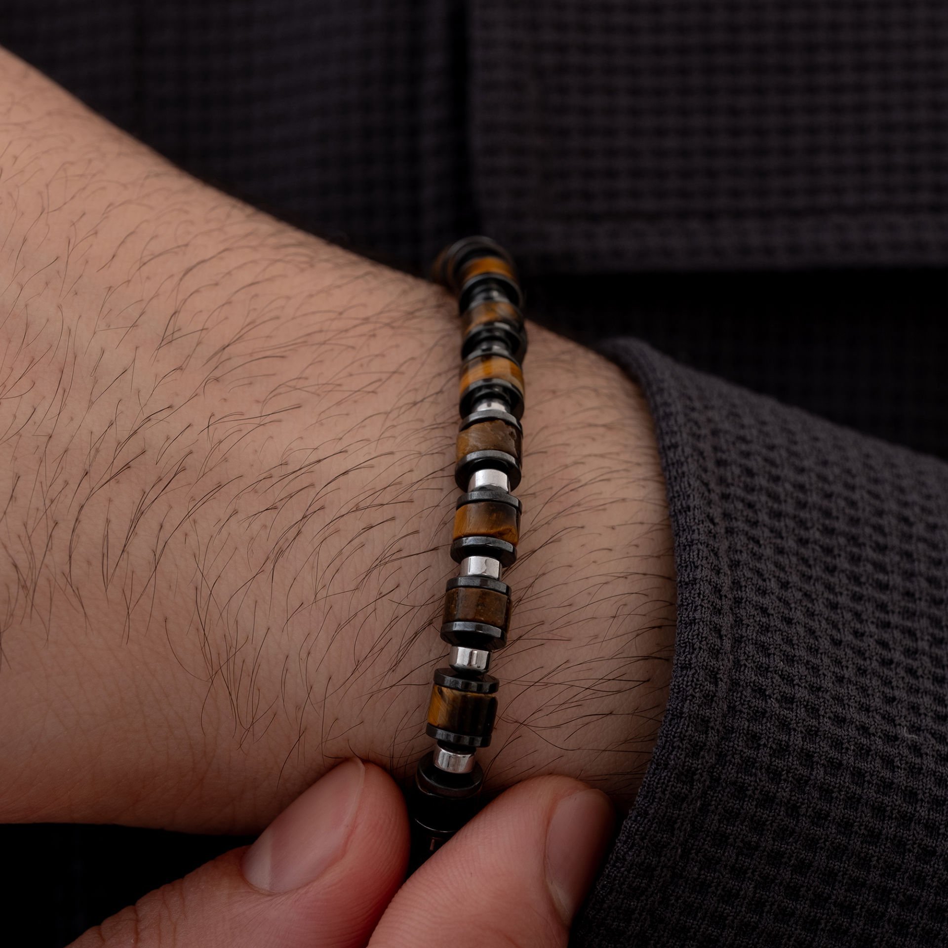 Kaplangözü Ve Hematit Taşlı Erkek Gümüş Bileklik