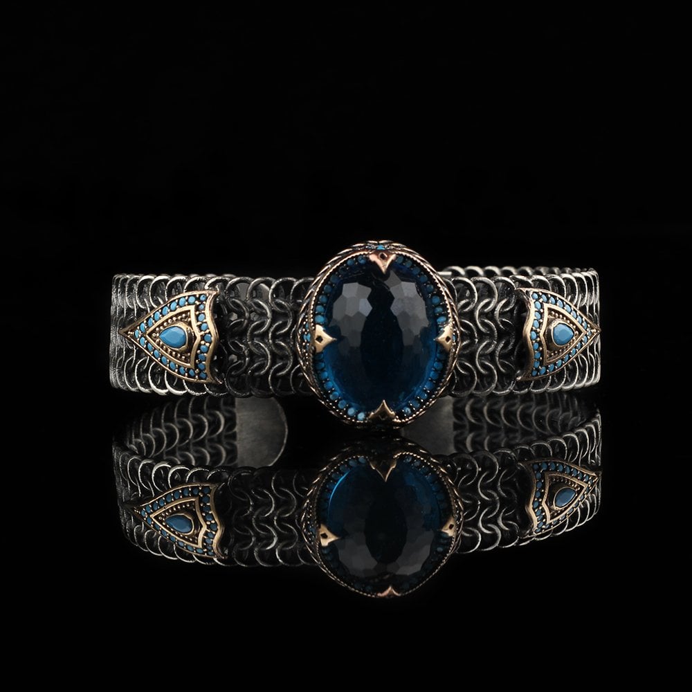Blue Topaz Taşlı Örgü Model 925 Ayar Erkek Gümüş Bileklik