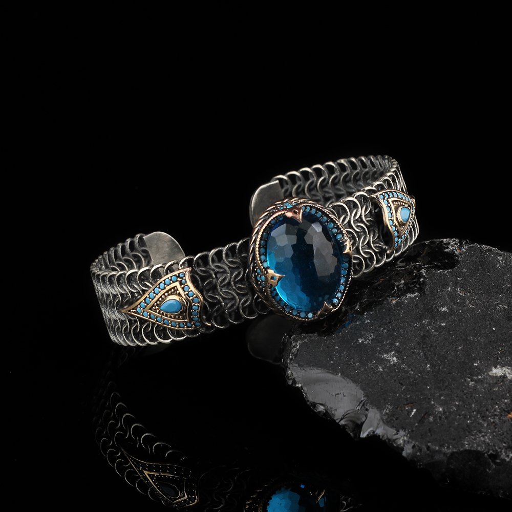 Blue Topaz Taşlı Örgü Model 925 Ayar Erkek Gümüş Bileklik