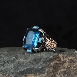 Baget Taşlı Aqua Marine Taşlı 925 Ayar Erkek Gümüş Yüzük