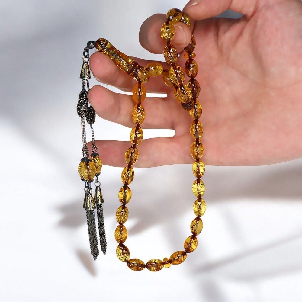 Gümüş Püsküllü Fosilli Damla Kehribar Tesbih