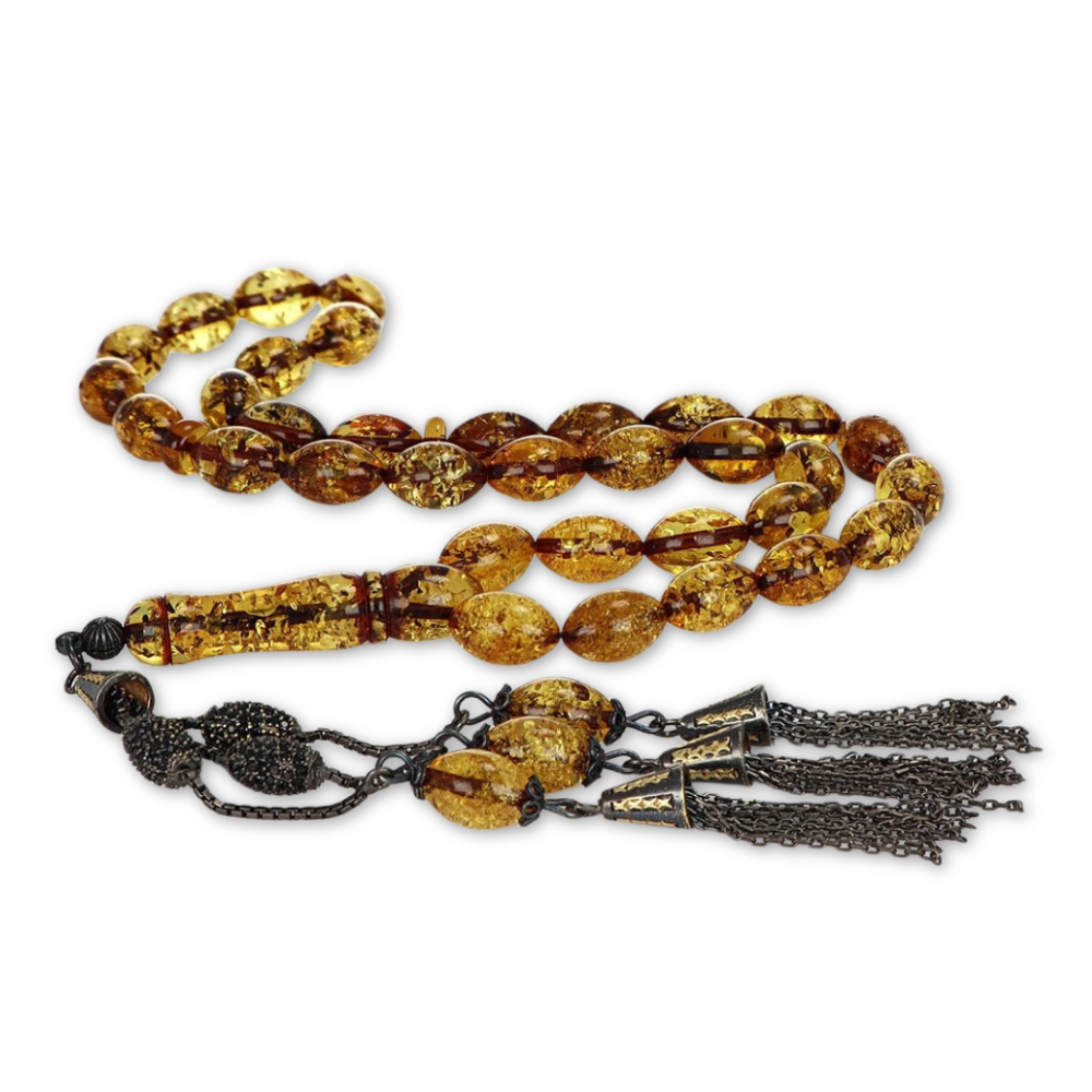 Gümüş Püsküllü Fosilli Damla Kehribar Tesbih