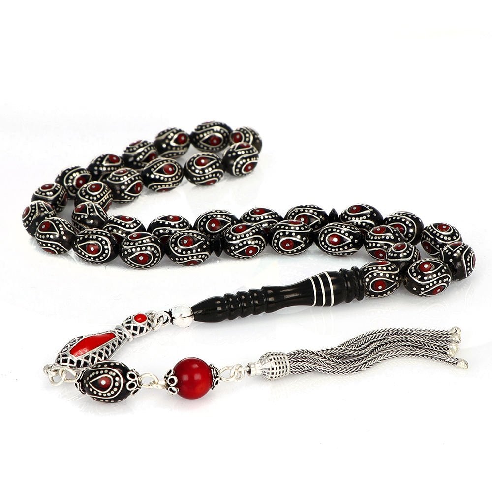 Özel İşçilikli Gümüş Mineli İşleme Erzurum Oltu Taşı Tesbih