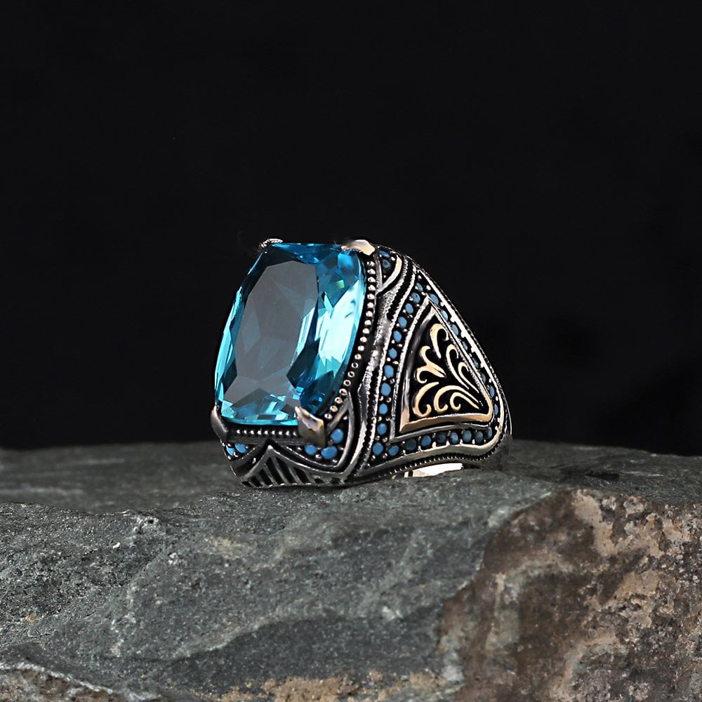Blue Topaz Taşlı Desenli 925 Ayar Erkek Gümüş Yüzük