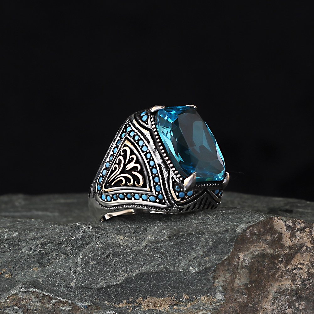 Blue Topaz Taşlı Desenli 925 Ayar Erkek Gümüş Yüzük