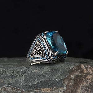 Blue Topaz Taşlı Desenli 925 Ayar Erkek Gümüş Yüzük