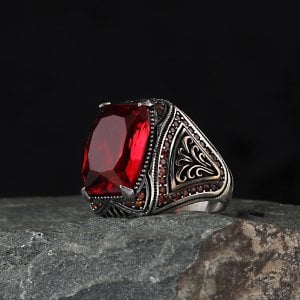 Kırmızı Zirkon Taşlı 925 Ayar Erkek Gümüş Yüzük