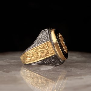Kalem İşçilikli Rodaj Kaplamalı El İşçiliği Gümüş Erkek Yüzük
