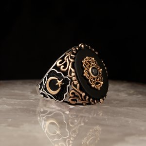 Ayyıldız Model Oniks Taşlı 925 Ayar Erkek Gümüş Yüzük