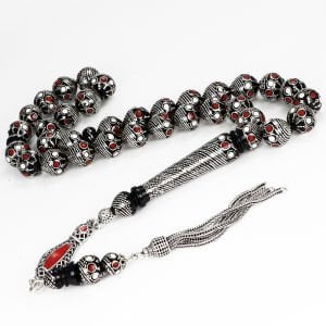 Mineli Mercan Taşı Ve Gümüş İşlemeli Kuka Tesbih