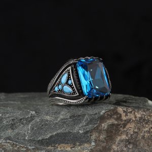 Blue Topaz Taşlı 925 Ayar Erkek Gümüş Yüzük