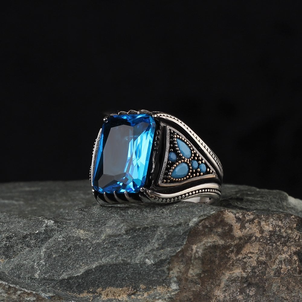 Blue Topaz Taşlı 925 Ayar Erkek Gümüş Yüzük