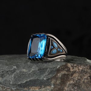 Blue Topaz Taşlı 925 Ayar Erkek Gümüş Yüzük