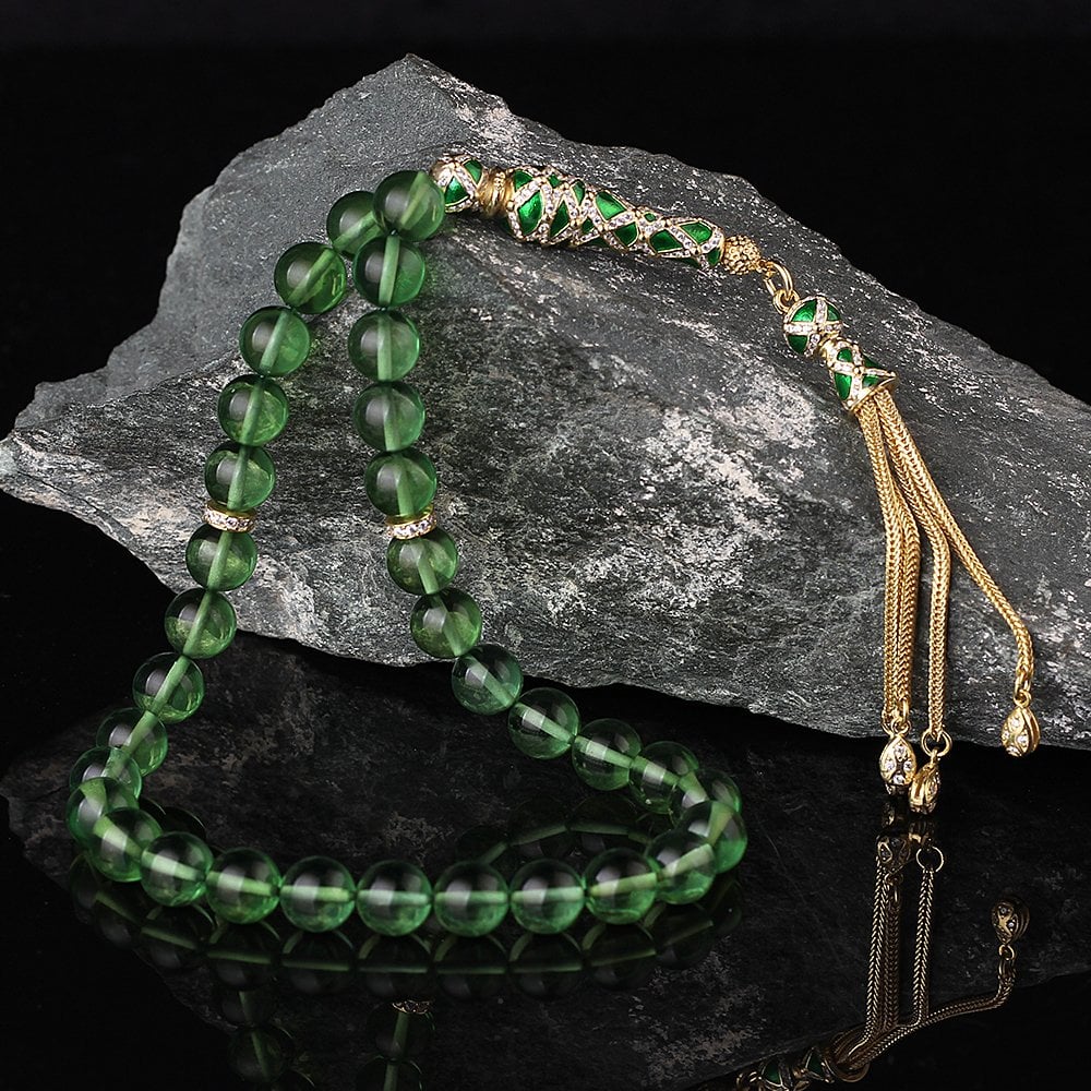 Özel İşçilikli Gümüş Püsküllü Damla Kehribar Tesbih