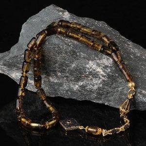 Zirkon Taşlı Gümüş Püsküllü Damla Kehribar Tesbih