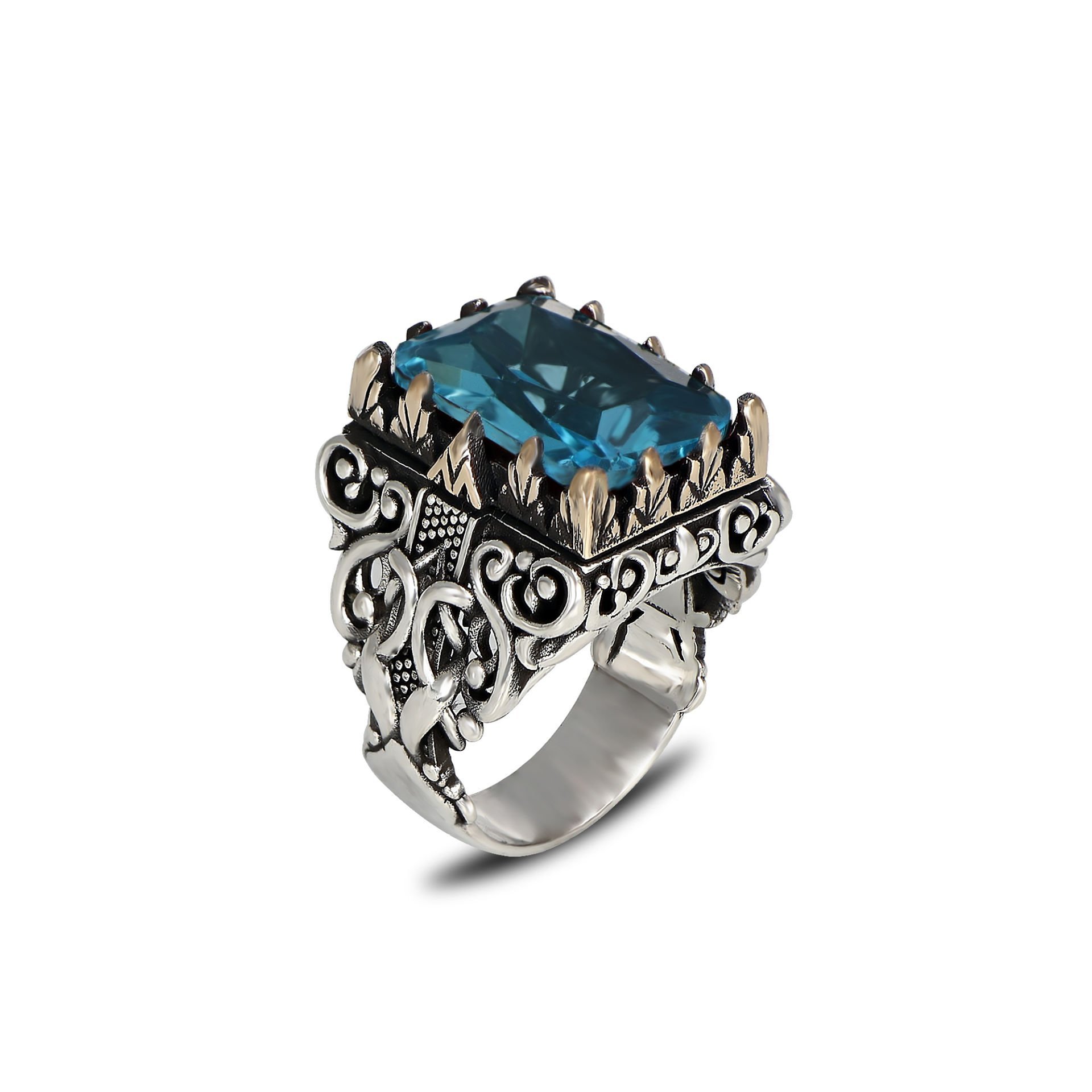 Blue Topaz  Taşlı Desenli Model Erkek Gümüş Yüzük