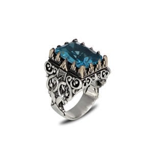 Blue Topaz  Taşlı Desenli Model Erkek Gümüş Yüzük