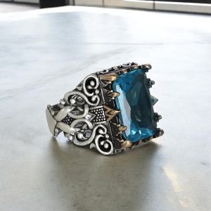 Blue Topaz  Taşlı Desenli Model Erkek Gümüş Yüzük