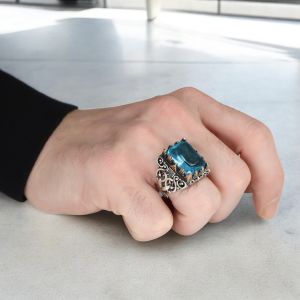 Blue Topaz  Taşlı Desenli Model Erkek Gümüş Yüzük
