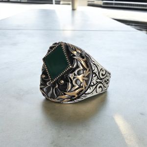Kalem İşlemeli Model  Akik Taşlı Erkek Gümüş Yüzük