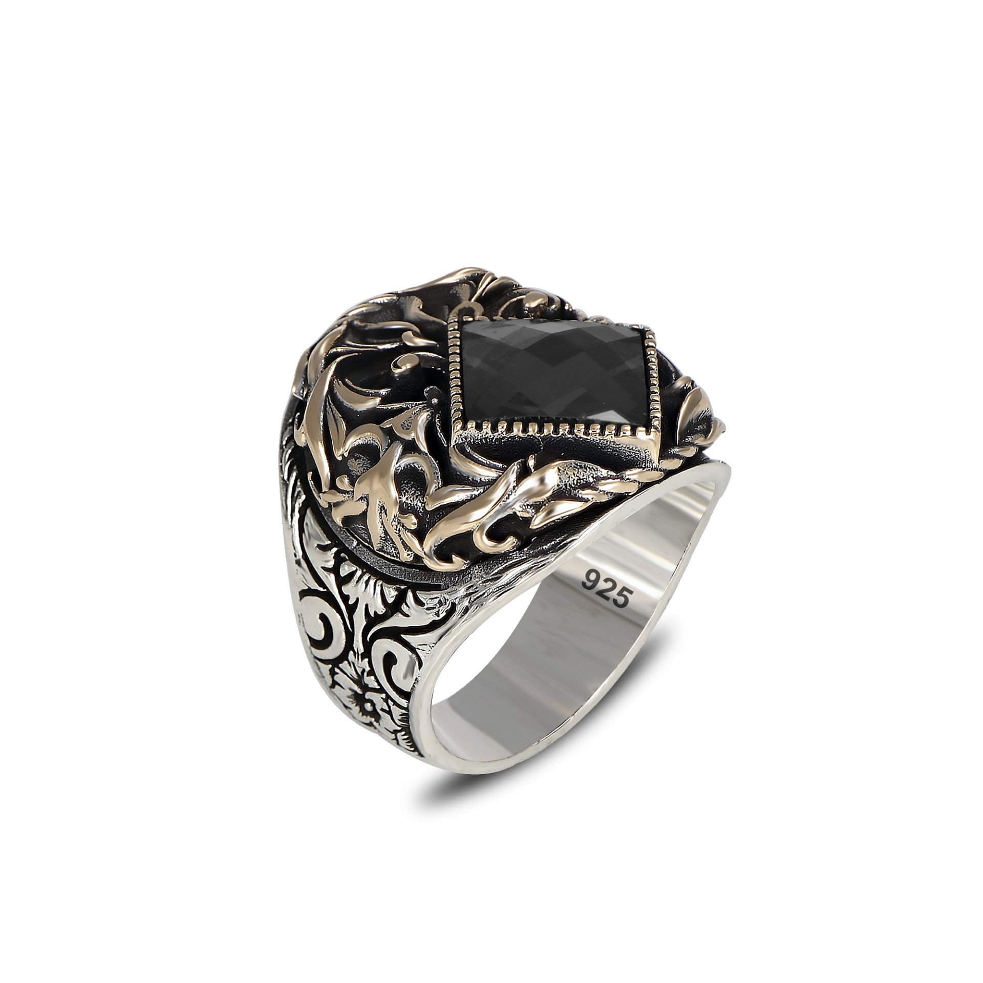 Zirkon Taşlı Kalem İşlemeli Model Erkek Gümüş Yüzük