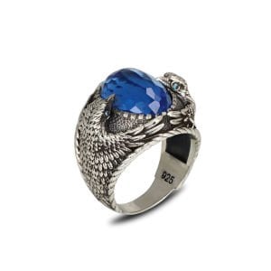 Kartal Figürlü Blue Topaz  Taşlı 925 Ayar Erkek Gümüş Yüzük