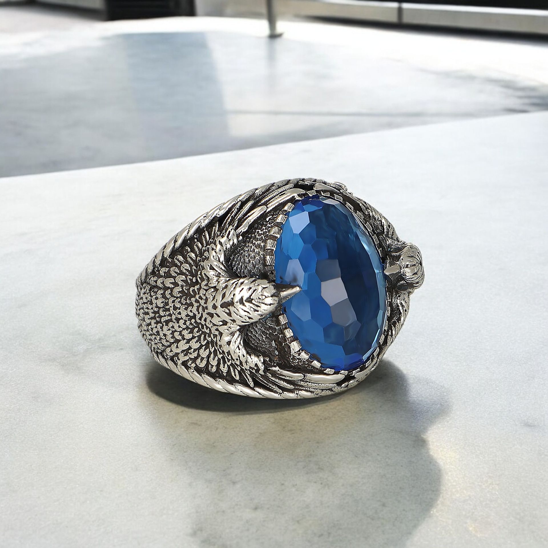 Kartal Figürlü Blue Topaz  Taşlı 925 Ayar Erkek Gümüş Yüzük