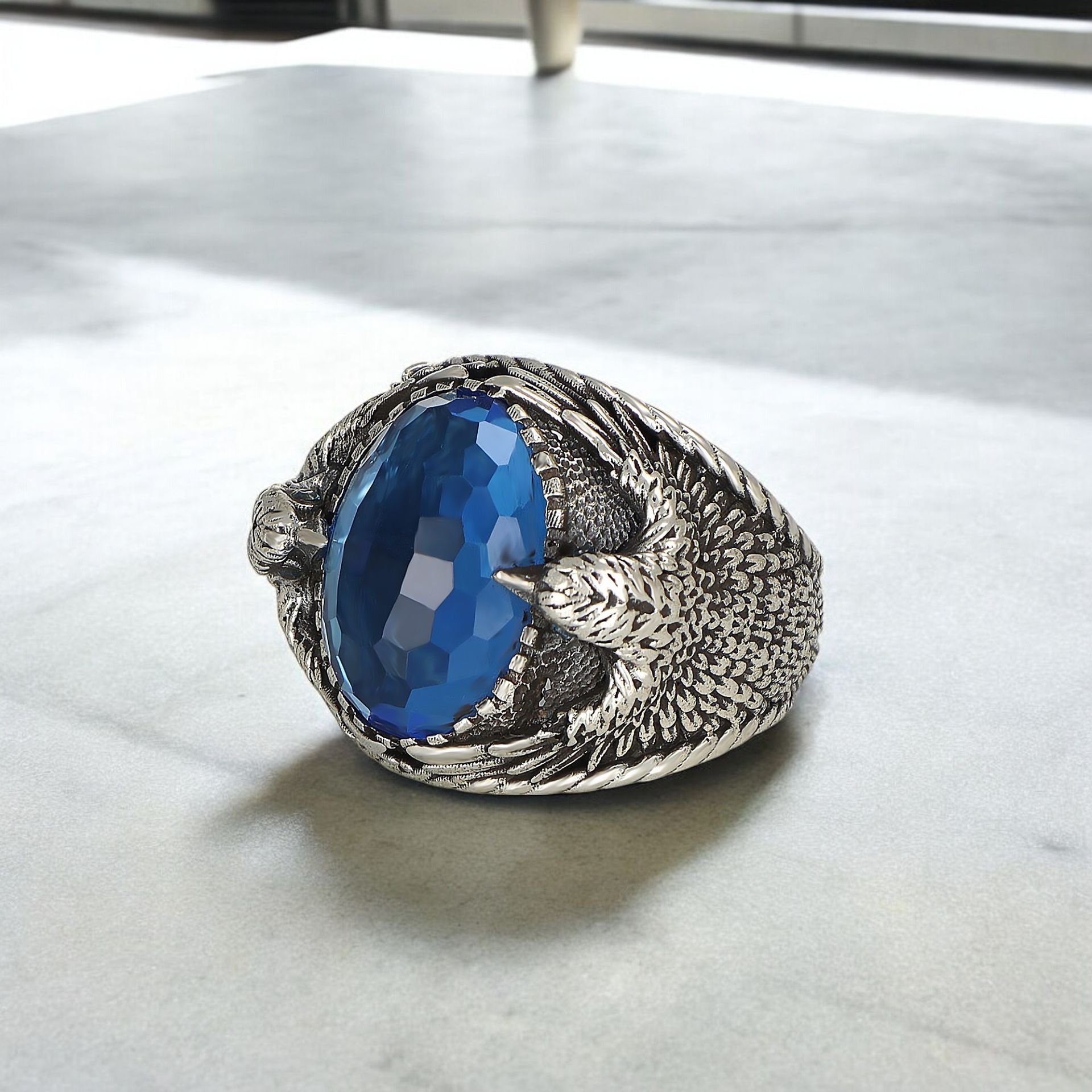 Kartal Figürlü Blue Topaz  Taşlı 925 Ayar Erkek Gümüş Yüzük