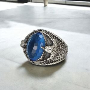 Kartal Figürlü Blue Topaz  Taşlı 925 Ayar Erkek Gümüş Yüzük