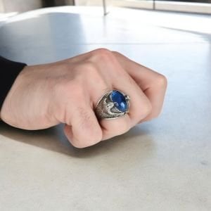 Kartal Figürlü Blue Topaz  Taşlı 925 Ayar Erkek Gümüş Yüzük