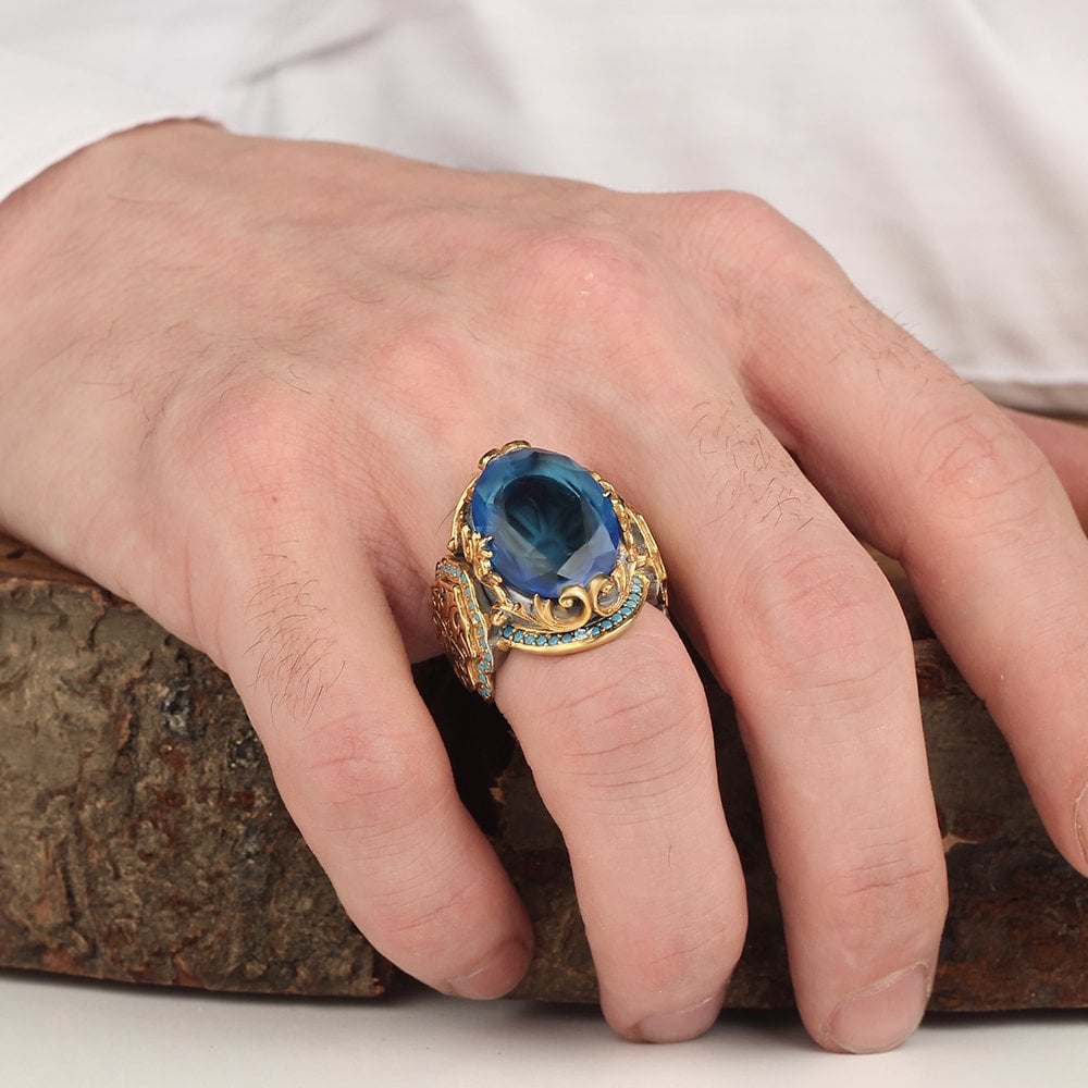 Blue Topaz Taşlı Rodaj Kaplamalı 925 Ayar Gümüş Erkek Yüzük