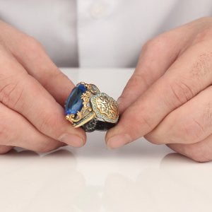 Blue Topaz Taşlı Rodaj Kaplamalı 925 Ayar Gümüş Erkek Yüzük