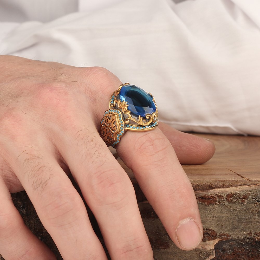 Blue Topaz Taşlı Rodaj Kaplamalı 925 Ayar Gümüş Erkek Yüzük