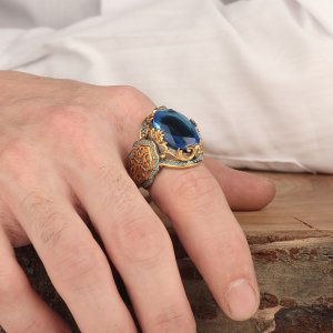 Blue Topaz Taşlı Rodaj Kaplamalı 925 Ayar Gümüş Erkek Yüzük
