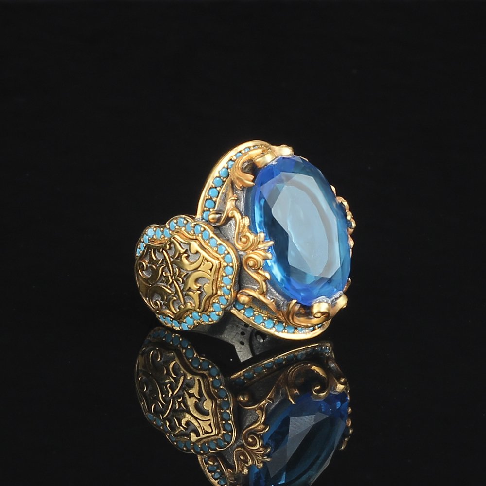 Blue Topaz Taşlı Rodaj Kaplamalı 925 Ayar Gümüş Erkek Yüzük
