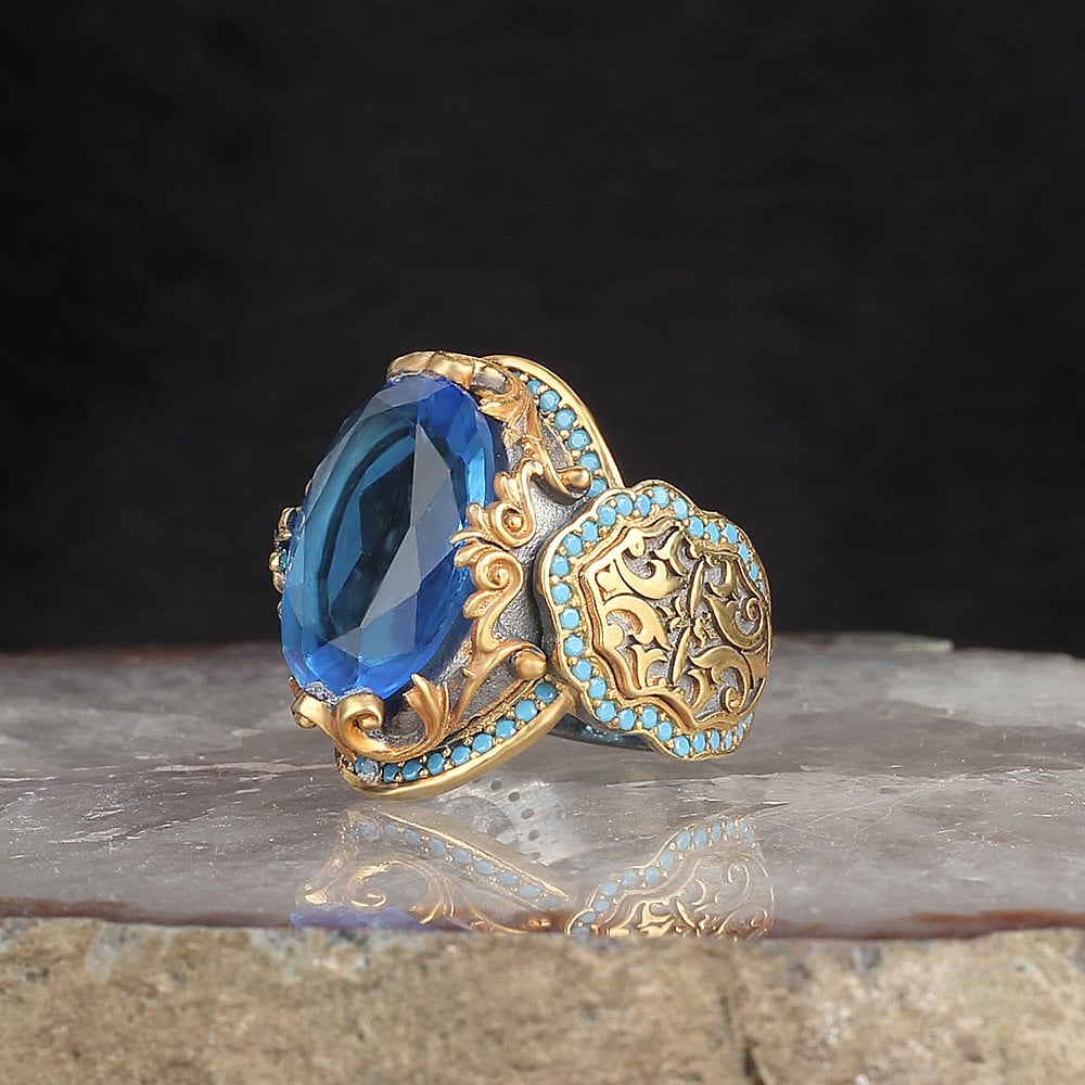 Blue Topaz Taşlı Rodaj Kaplamalı 925 Ayar Gümüş Erkek Yüzük