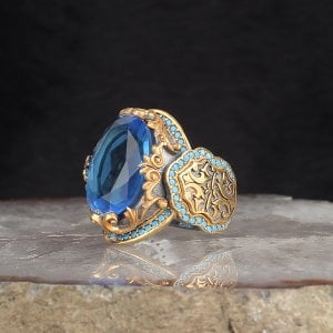 Blue Topaz Taşlı Rodaj Kaplamalı 925 Ayar Gümüş Erkek Yüzük