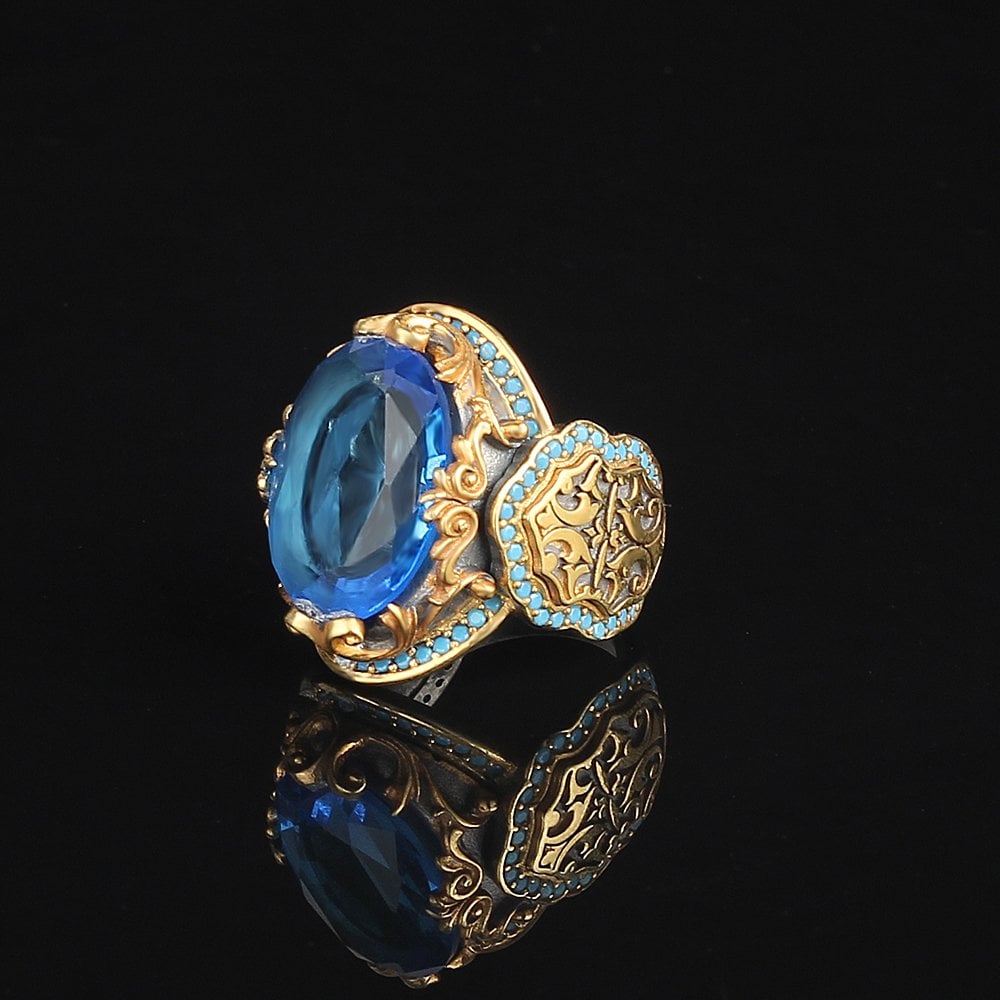Blue Topaz Taşlı Rodaj Kaplamalı 925 Ayar Gümüş Erkek Yüzük