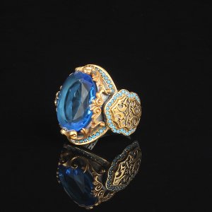 Blue Topaz Taşlı Rodaj Kaplamalı 925 Ayar Gümüş Erkek Yüzük