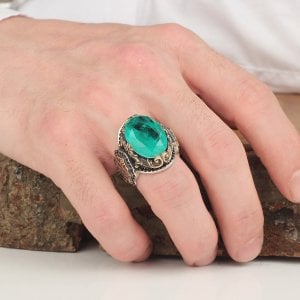 Paraiba Taşlı 925 Ayar Gümüş Erkek Yüzük