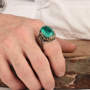 Paraiba Taşlı 925 Ayar Gümüş Erkek Yüzük