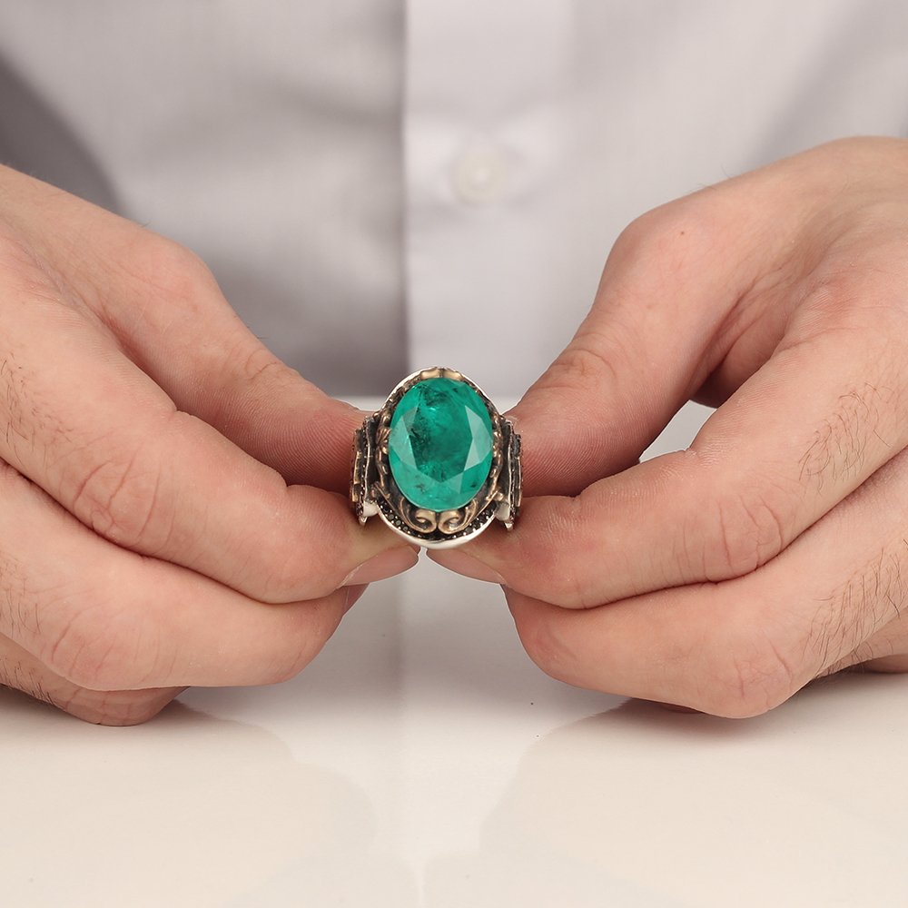 Paraiba Taşlı 925 Ayar Gümüş Erkek Yüzük