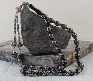 Özel İşçilikli Gümüş Püsküllü Erzurum Oltu Taşı Tesbih