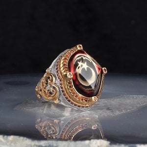 Ayyıldızlı Kehribar Taşlı Rodaj Kaplamalı Gümüş Erkek Yüzük