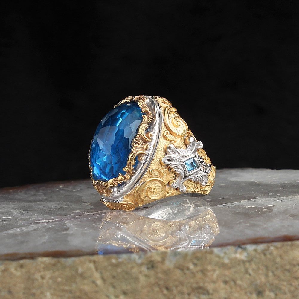 Blue Topaz Taşlı Rodaj Kaplama 925 Ayar Gümüş Yüzük