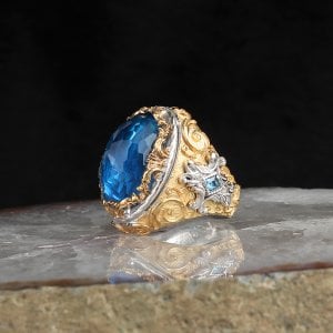 Blue Topaz Taşlı Rodaj Kaplama 925 Ayar Gümüş Yüzük