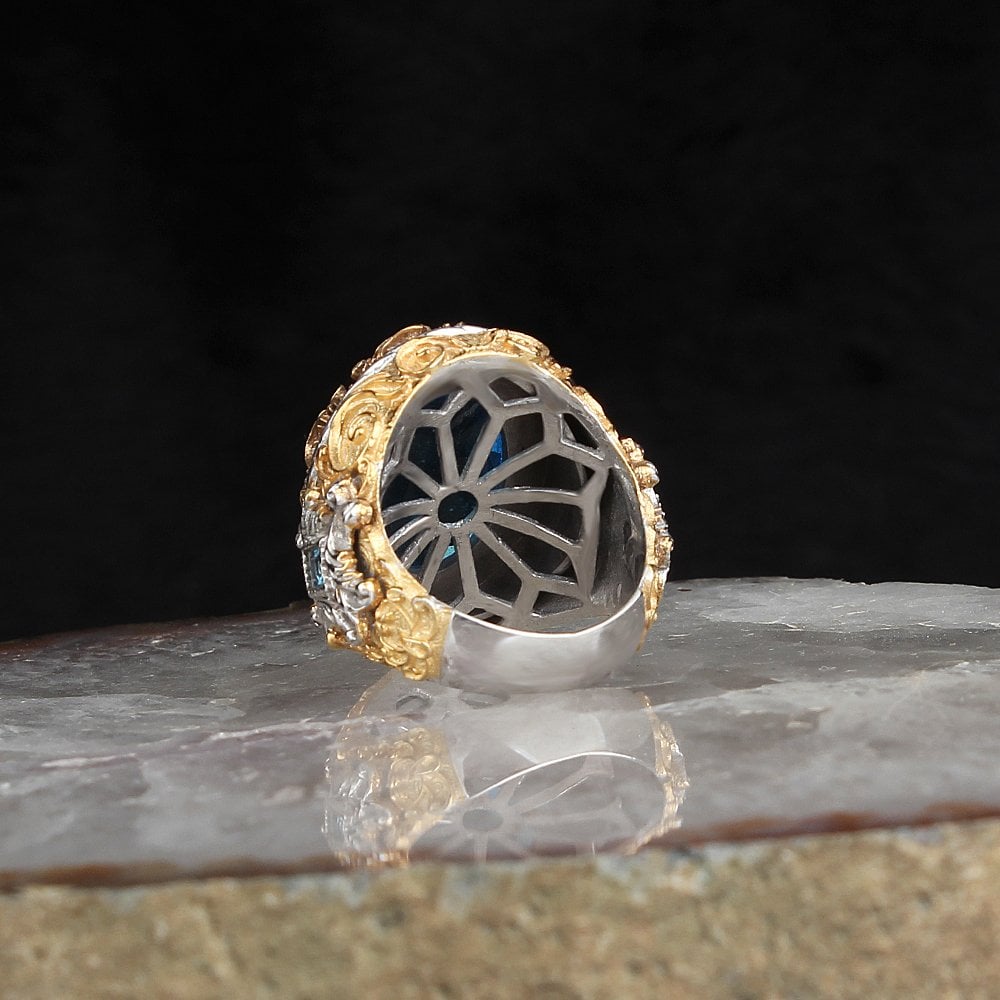 Blue Topaz Taşlı Rodaj Kaplama 925 Ayar Gümüş Yüzük