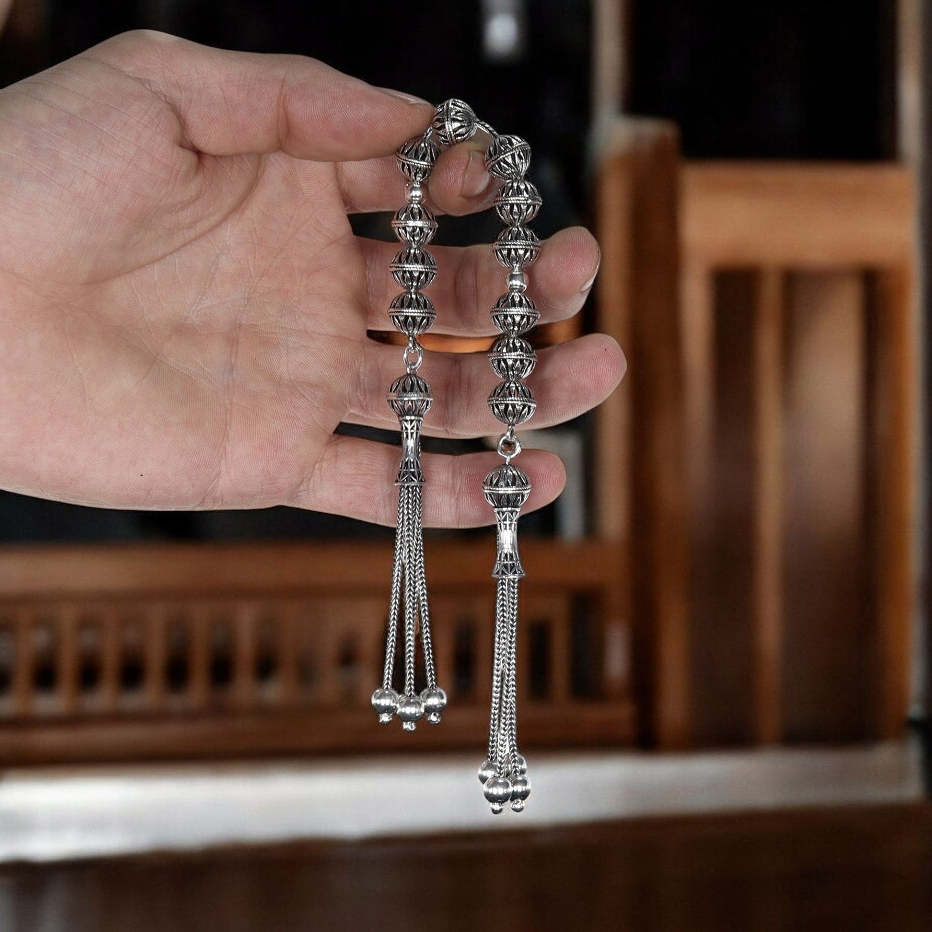 Zaza Model Telkari İşlemeli 925 Ayar Gümüş Tesbih